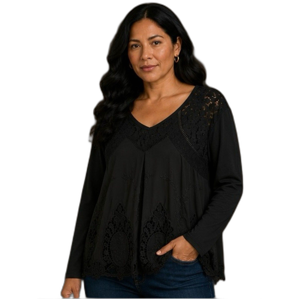 Coco + Jaimeson Black Lace Paneled Long Sleeve Top Size XL